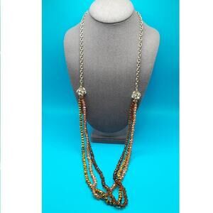 Long Crystal Necklace, Three Crystal Strands, Clear Rhinestone Beads, 37 Inches